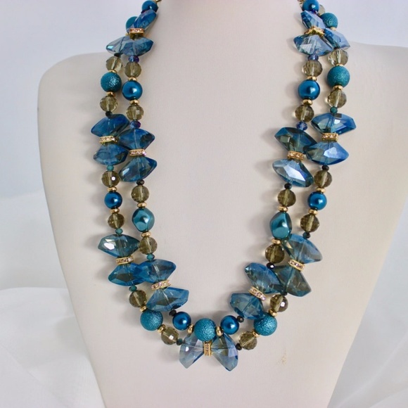 Royal Blue Crystals Pearls Statement Necklace Two Strand Sapphire Gold Rhineston - Picture 10 of 10
